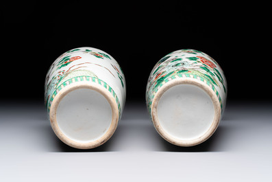 A pair of Chinese famille verte 'warriors' vases and a pair of 'birds among blossoming branches' vases, 19th C.