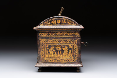 A Flemish gilt-tooled leather casket with hunting scenes, probably Antwerp, early 17th C.