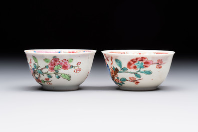 Eleven Chinese famille rose cups and nine saucers, Yongzheng/Qianlong