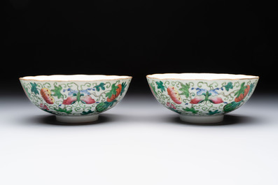 Seven Chinese famille rose bowls with floral design, various marks, 19/20th C.