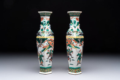A pair of Chinese famille verte 'warriors' vases and a pair of 'birds among blossoming branches' vases, 19th C.