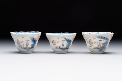 Eleven Chinese famille rose cups and nine saucers, Yongzheng/Qianlong