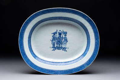 A set of two Chinese blue and white armorial dishes, a stand, and a tureen with the arms of Hughes for the English market, Qianlong, ca. 1790