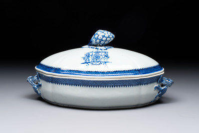 A set of two Chinese blue and white armorial dishes, a stand, and a tureen with the arms of Hughes for the English market, Qianlong, ca. 1790
