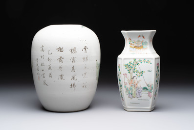 Three Chinese famille rose vases, two hat stands and a jar, 19th C.