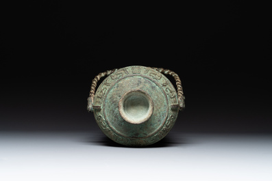 A large Chinese archaistic bronze wine vessel, 'you 卣', Ming
