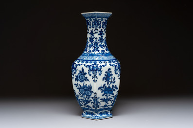 A Chinese blue and white hexagonal vase with floral design, Qianlong mark and of the period