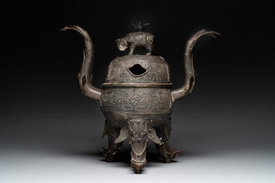 A massive Chinese archaistic bronze 'elephant' censer and cover, Ming