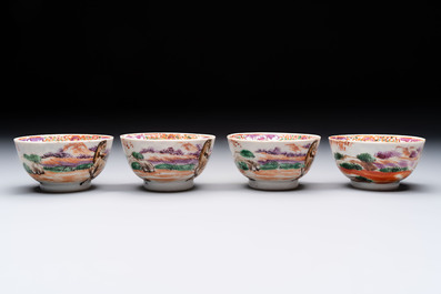 A set of four Chinese famille rose cups and saucers with horses, Qianlong