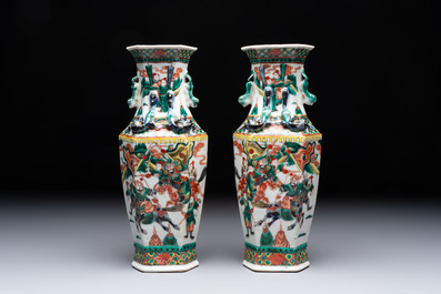 A pair of Chinese famille verte 'warriors' vases and a pair of 'birds among blossoming branches' vases, 19th C.