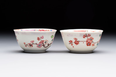 Eleven Chinese famille rose cups and nine saucers, Yongzheng/Qianlong