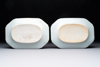 A set of two Chinese blue and white armorial dishes, a stand, and a tureen with the arms of Hughes for the English market, Qianlong, ca. 1790