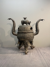 A massive Chinese archaistic bronze 'elephant' censer and cover, Ming