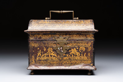 A Flemish gilt-tooled leather casket with hunting scenes, probably Antwerp, early 17th C.