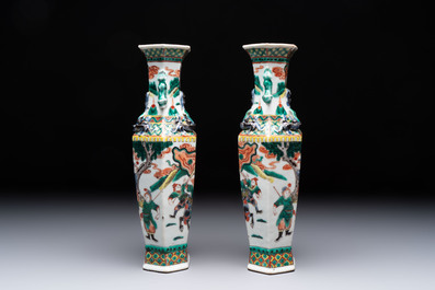 A pair of Chinese famille verte 'warriors' vases and a pair of 'birds among blossoming branches' vases, 19th C.