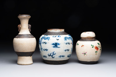 Five Chinese Nanking famille verte, rose, blue and white vases and two jars, 19th C.