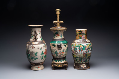 Five Chinese Nanking famille verte, rose, blue and white vases and two jars, 19th C.