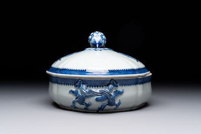 A set of two Chinese blue and white armorial dishes, a stand, and a tureen with the arms of Hughes for the English market, Qianlong, ca. 1790