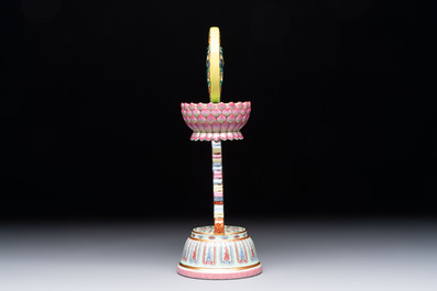 A rare Chinese famille rose Buddhist emblem altar ornament, Qianlong mark and of the period