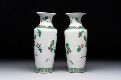A pair of Chinese famille verte 'warriors' vases and a pair of 'birds among blossoming branches' vases, 19th C.