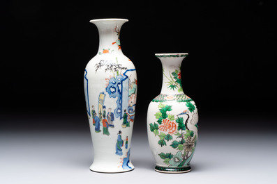 Four Chinese famille verte vases, a jar and a bowl, 19th C.