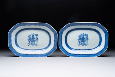 A set of two Chinese blue and white armorial dishes, a stand, and a tureen with the arms of Hughes for the English market, Qianlong, ca. 1790