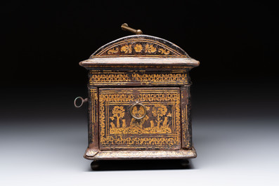 A Flemish gilt-tooled leather casket with hunting scenes, probably Antwerp, early 17th C.