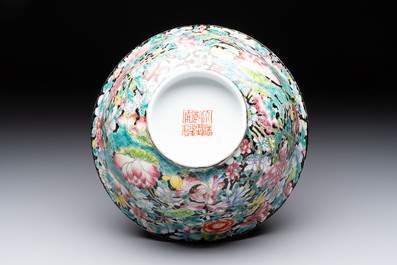 Seven Chinese famille rose bowls with floral design, various marks, 19/20th C.
