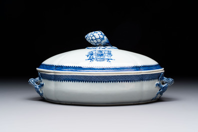 A set of two Chinese blue and white armorial dishes, a stand, and a tureen with the arms of Hughes for the English market, Qianlong, ca. 1790