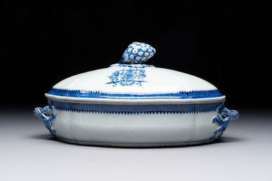 A set of two Chinese blue and white armorial dishes, a stand, and a tureen with the arms of Hughes for the English market, Qianlong, ca. 1790