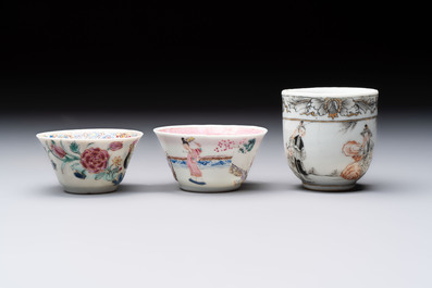 Three Chinese famille rose and grisaille cups and saucers, Qianlong