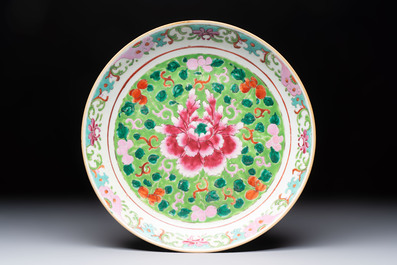 Three Chinese famille rose dishes, two plates and a saucer, various marks, 19th C.