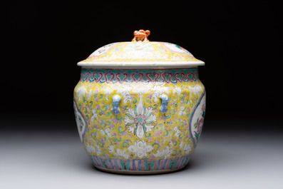 A Chinese famille rose yellow-ground 'kamcheng' bowl and cover for the Straits or Peranakan market, Guangxu mark and of the period