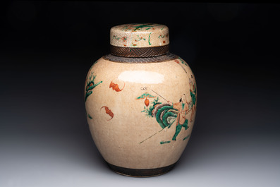 Five Chinese Nanking famille verte, rose, blue and white vases and two jars, 19th C.