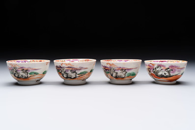 A set of four Chinese famille rose cups and saucers with horses, Qianlong