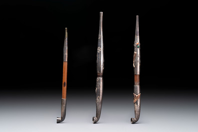 Three Japanese parcel-gilt silver and wooden 'Kiseru' or tobacco pipes, 19/20th C.
