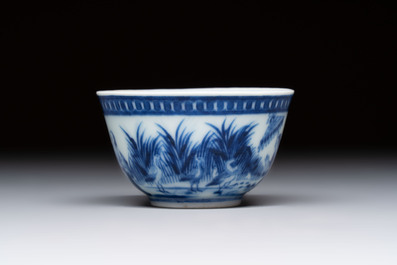 A rare Chinese blue and white 'Dames au Parasol' cup and saucer after Cornelis Pronk, Qianlong, ca. 1738