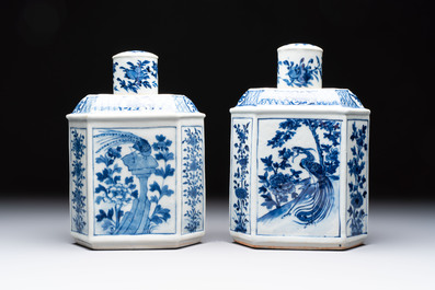 A pair of Chinese blue and white tea caddies and covers, 19th C.
