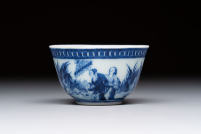 A rare Chinese blue and white 'Dames au Parasol' cup and saucer after Cornelis Pronk, Qianlong, ca. 1738