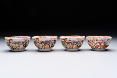 A set of four Chinese famille rose cups and saucers with horses, Qianlong