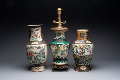 Five Chinese Nanking famille verte, rose, blue and white vases and two jars, 19th C.
