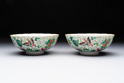 Seven Chinese famille rose bowls with floral design, various marks, 19/20th C.