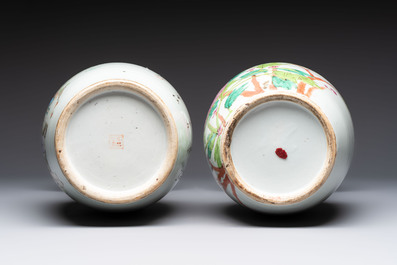Three Chinese famille rose vases, two hat stands and a jar, 19th C.