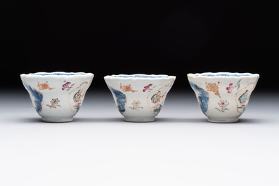 Eleven Chinese famille rose cups and nine saucers, Yongzheng/Qianlong