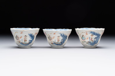Eleven Chinese famille rose cups and nine saucers, Yongzheng/Qianlong