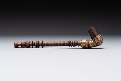 A Persian wooden pipe with bronze and steel mounts, Iran, 19th C.