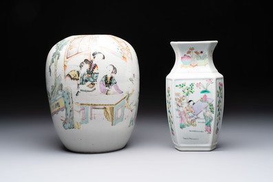Three Chinese famille rose vases, two hat stands and a jar, 19th C.