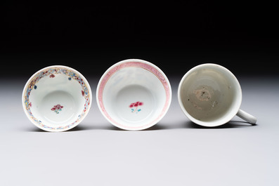 Three Chinese famille rose and grisaille cups and saucers, Qianlong