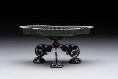 A Russian silver enamel tripod tazza, Julius Rappaport, St. Petersburg, Russia, 19/20th C.