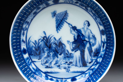 A rare Chinese blue and white 'Dames au Parasol' cup and saucer after Cornelis Pronk, Qianlong, ca. 1738